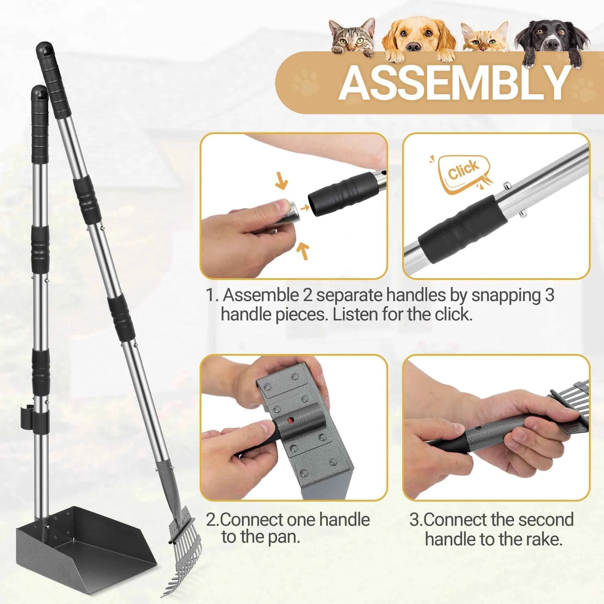 Dog Pooper Scooper, Dog Poop Tray and Rake Set, Pet Waste Removal Scoop with Long Adjustable Sectional Stainless Handles