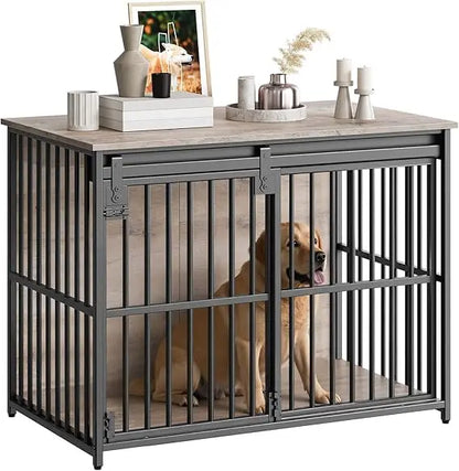 36.6" Heavy Duty Dog Crate Furniture – Sliding Barn Door Wooden Kennel & End Table