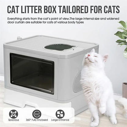 Enclosed Foldable Cat Litter Box – Dual Entry with Massager & Litter Scoop