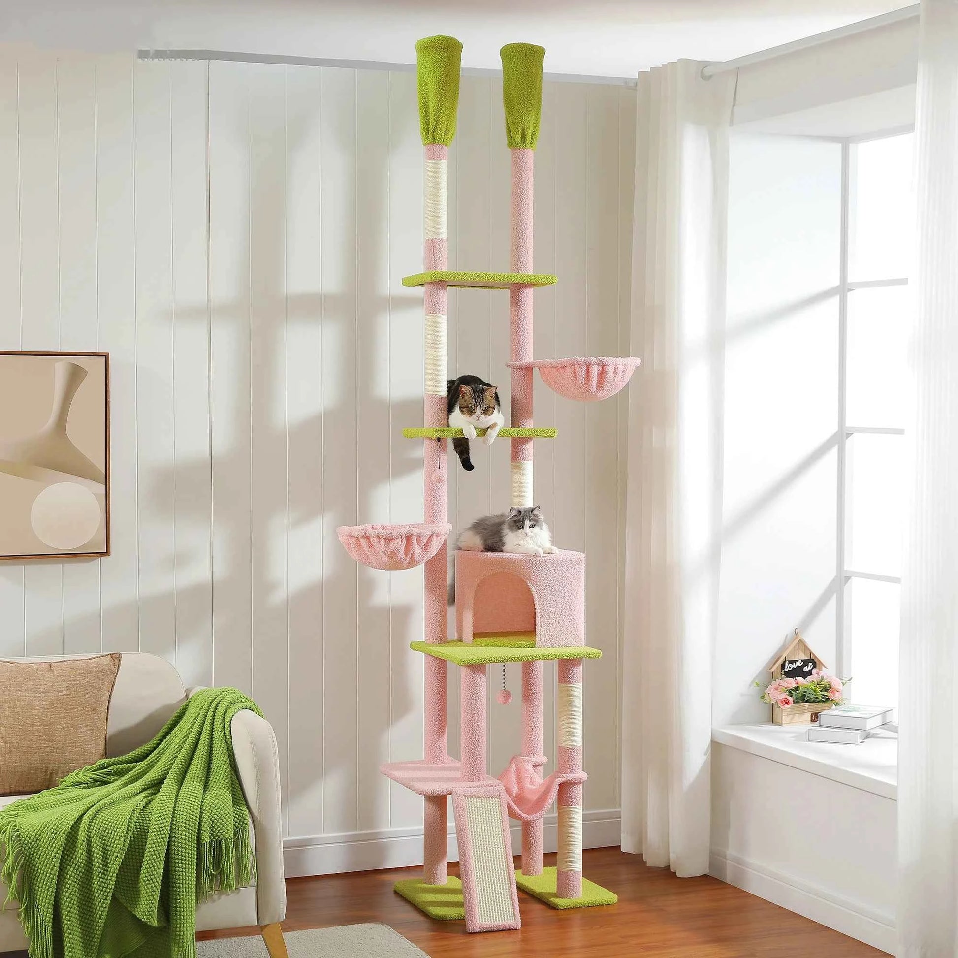 Floor to Ceiling Cat Tree for Indoor, Adjustable Height Tall Cat Tower with Sisal Scratching Post, Cozy Condo Hammock, Cat Toys