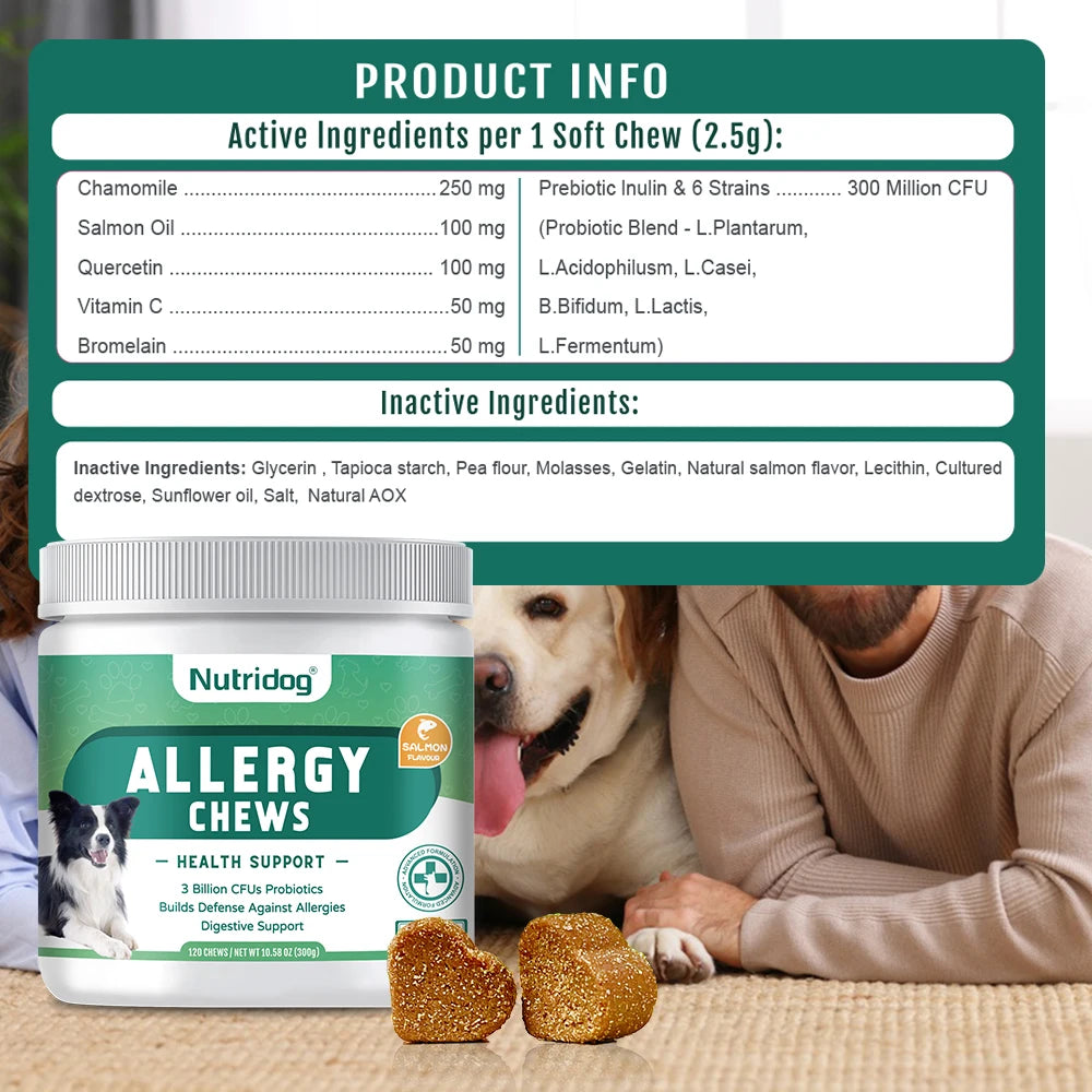 NUTRIDOG Dog Anti-Allergy Chews Salmon Flavor Soft Chew Allergy Relief Skin Health Coat Defense 120 PCS/Bottle