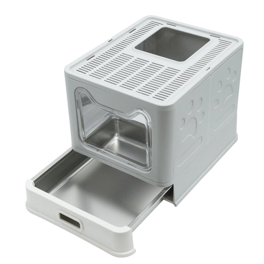 Bingopaw Stainless Steel Cat Litter Box with Lid Front Entry and Top Exit Toilet Box with Litter Scoop for Kittens,Easy Cleaning