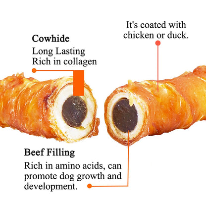 Cowhide Wrapped Duck Dog Treats – High-Protein 3-in-1 Chews for Medium & Large Dogs