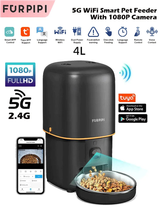 Furpipi Smart Automatic Cat Feeder with 1080P Camera – 2.4G/5G WiFi Tuya APP Control, Stainless Steel Bowl - Bdba PK