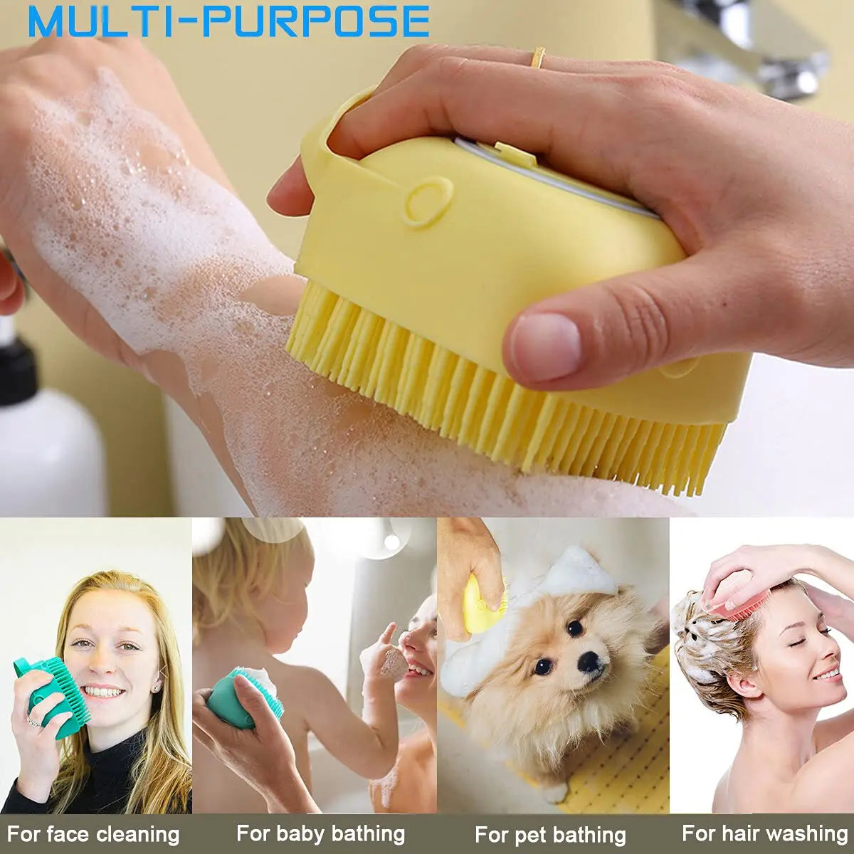 Shampoo Dispenser Pet Bath Brush – Soft Silicone Grooming Brush for Dogs & Cats
