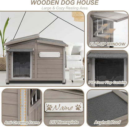 PetsCosset Outdoor Dog House – Anti-Chew Iron Frame Wooden Kennel with Waterproof Roof