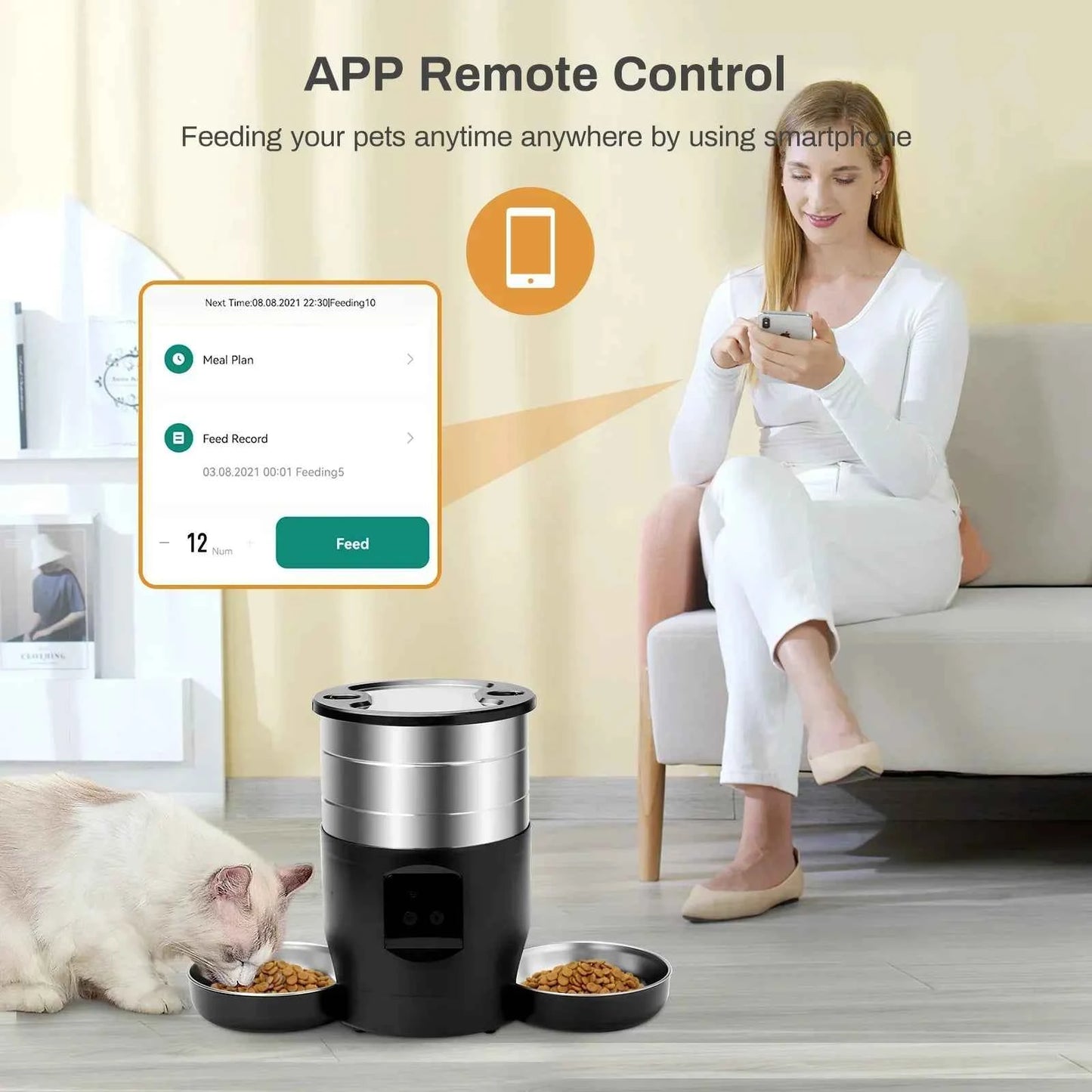 4.5L Intelligent Pet Feeder With Two Stainless Steel Bowls Button & WiFi APP Control Cat/Dogs Timed Food Automatic Dispenser