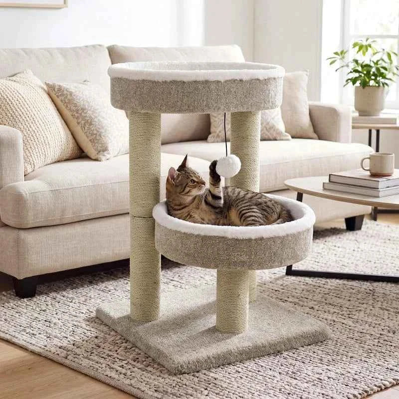 24" Cat Tower with 2 Plush Perches  Scratching Posts and Dangling Ball-Beige
