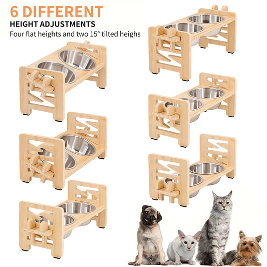Adjustable wooden raised dog bowl stand with 2 stainless steel bowls for small dogs and cats, sturdy wooden pet food feeder