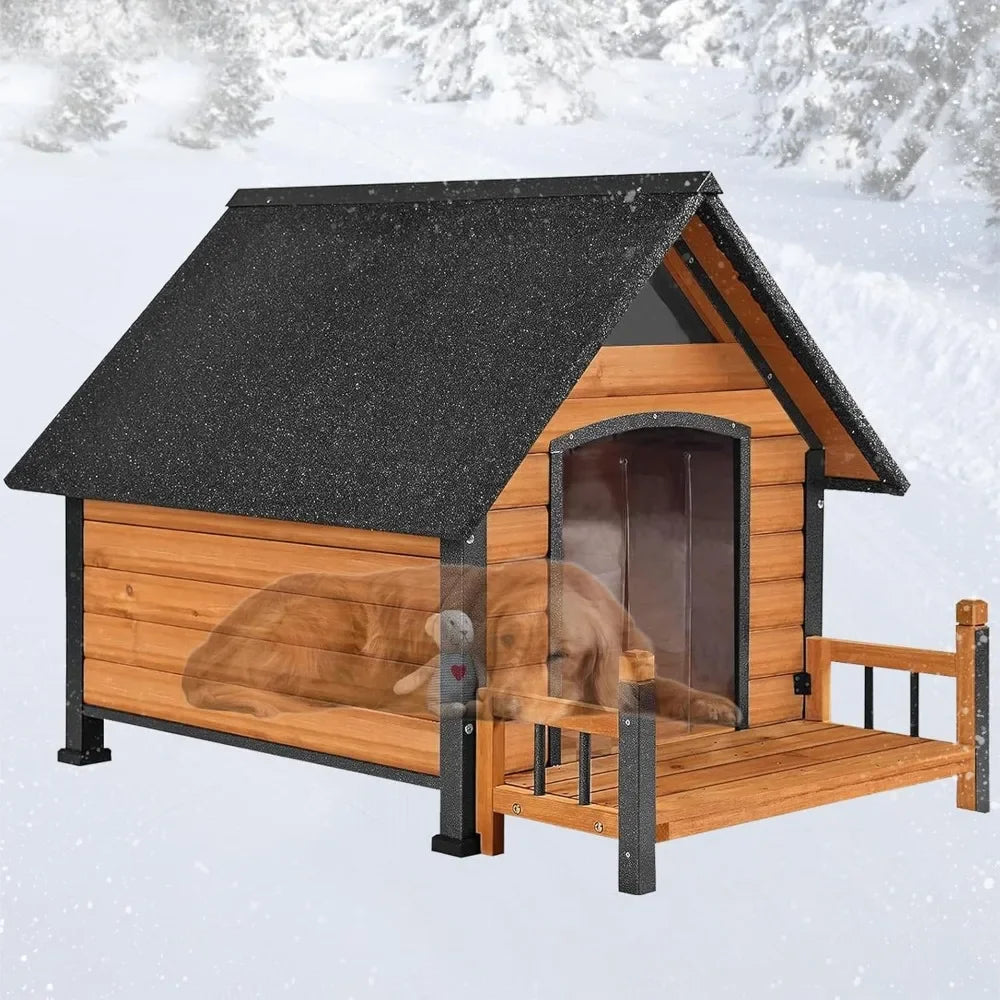 Weatherproof Outdoor Dog House for Large Breeds – Wood & Anti-Chew Iron Frame