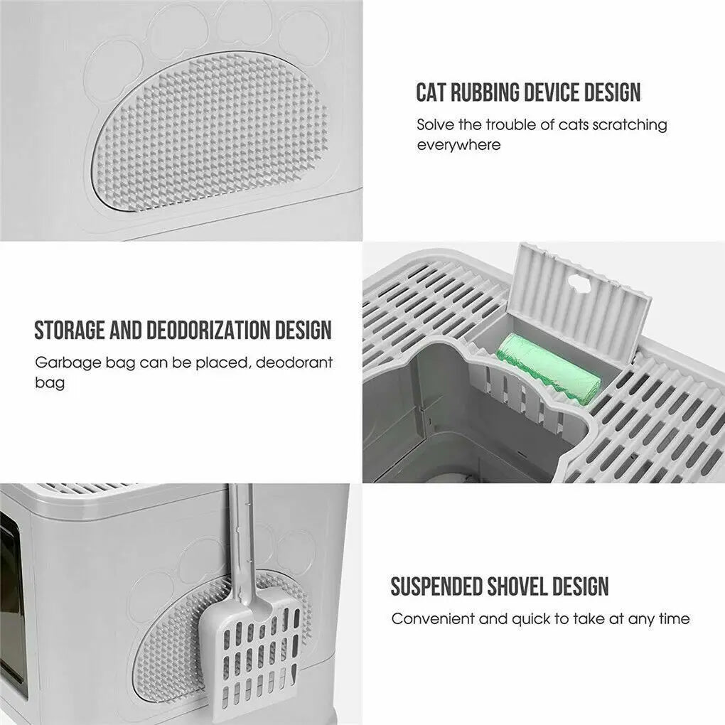 Enclosed Foldable Cat Litter Box – Dual Entry with Massager & Litter Scoop