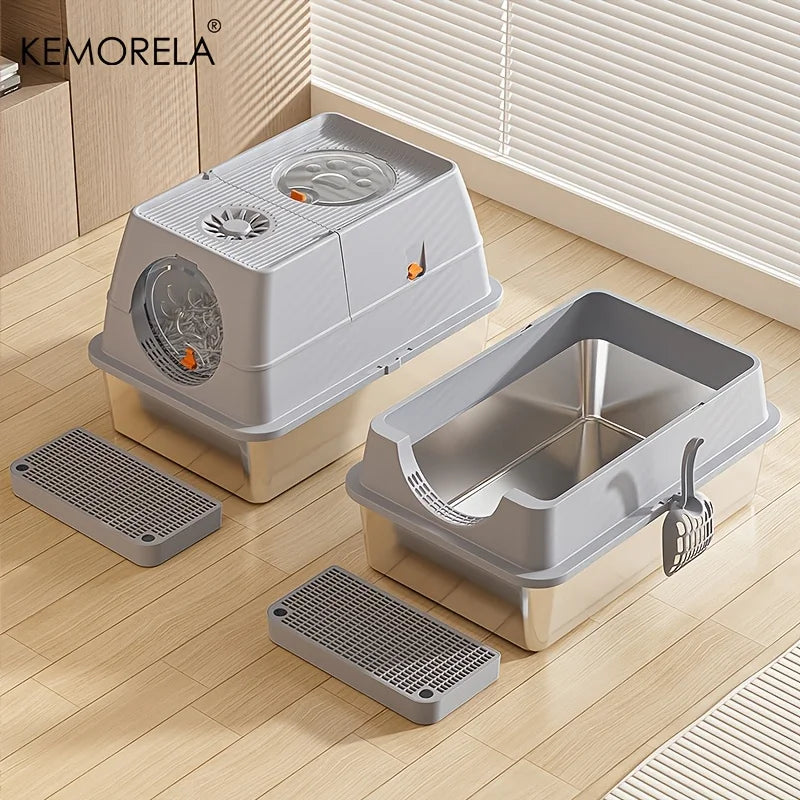 KEMORELA Stainless Steel Cat Litter Box XLExtra Large Litter Box for Big Cats Enclosed Removable with High Sided Enclosure Scoop