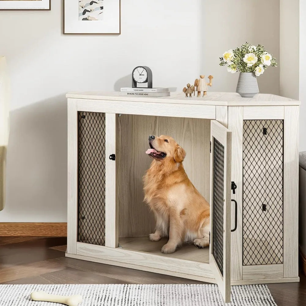 52" Corner Dog Crate Furniture – Wooden Kennel with Mesh Door & Corner Table Top