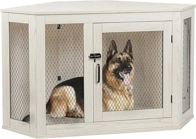 52" Corner Dog Crate Furniture – Wooden Kennel with Mesh Door & Corner Table Top