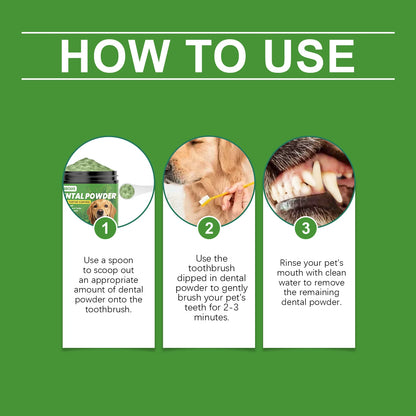 Dog tooth cleaning powder gently cleanses pet teeth, improves tartar, teeth yellowing, freshens breath, natural ingredients