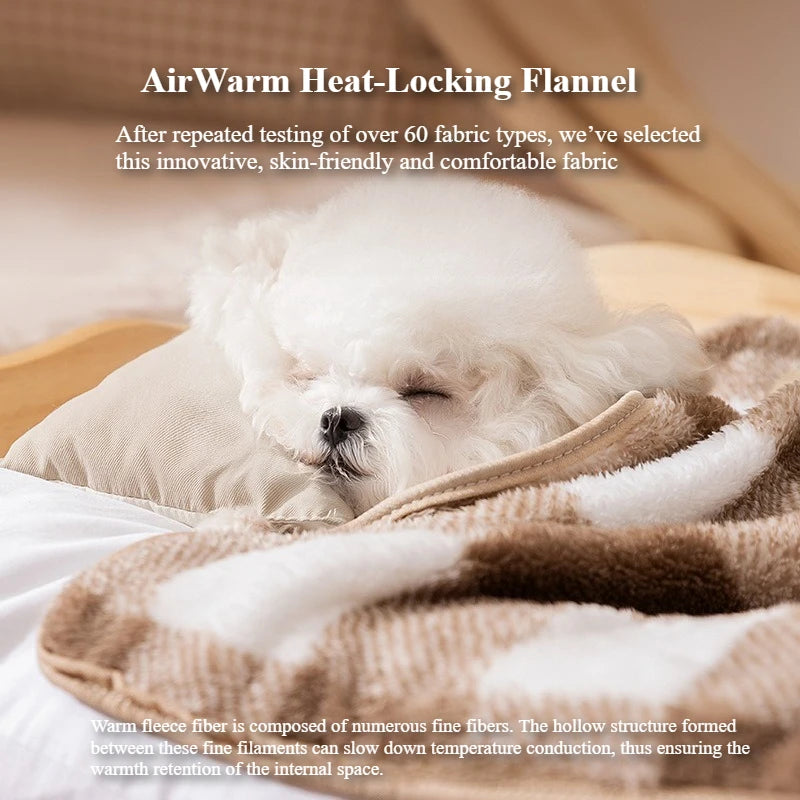 Winter Cream Color Plaid Flannel Pet Blanket, Double-Sided Soft Warm Fleece Throw for Small Dogs and Cats，Warm Cuddler Bed Mat