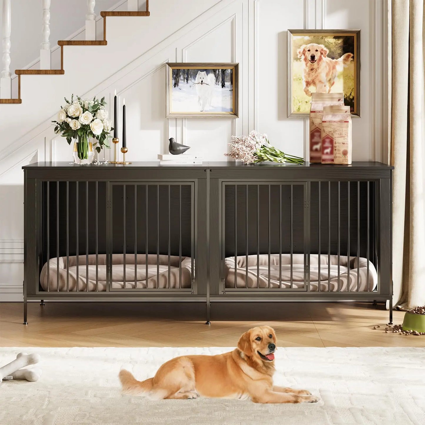 78.74" XL Double Dog Crate Furniture Heavy Duty Kennel With Removable Divider For 2 Dogs Indoor Dog Crate As TV Stand