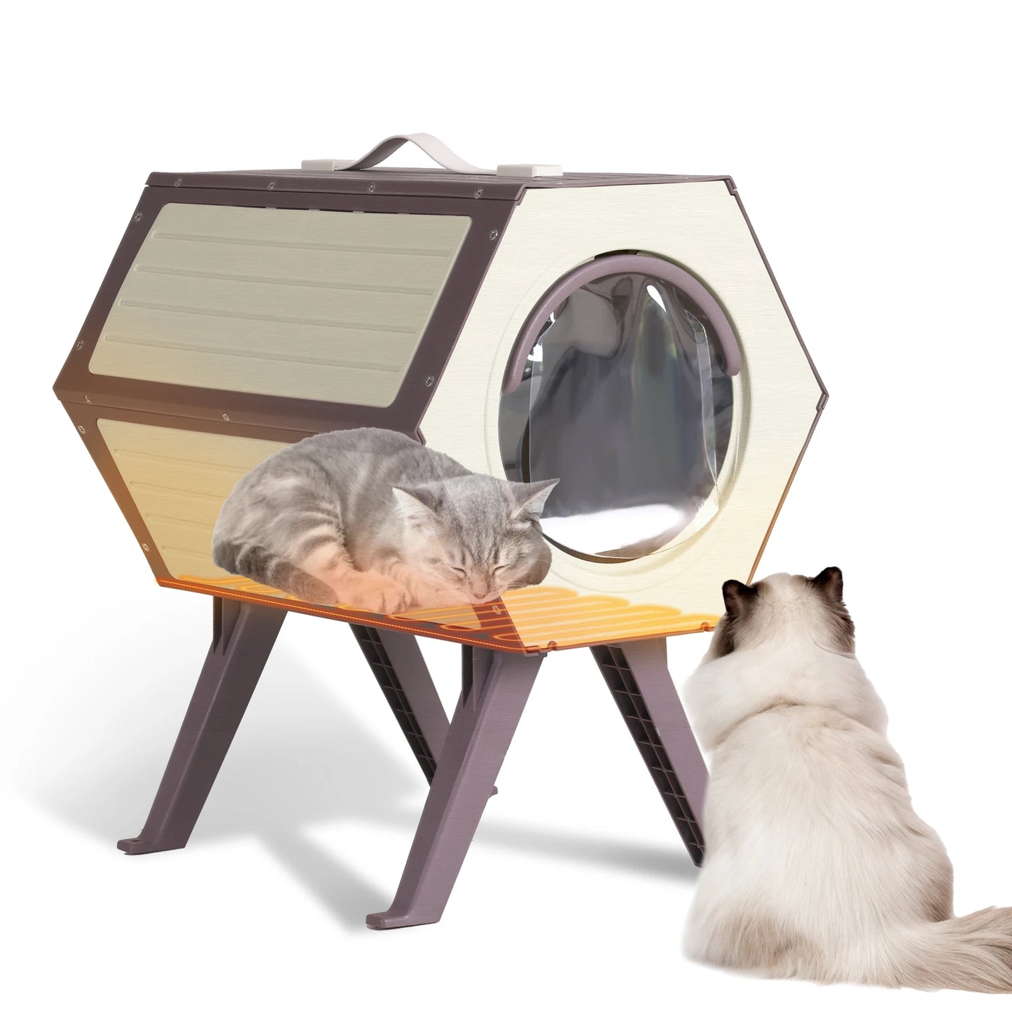 Indoor/Outdoor Heated Cat House with Heated Pad|Durable PP Construction