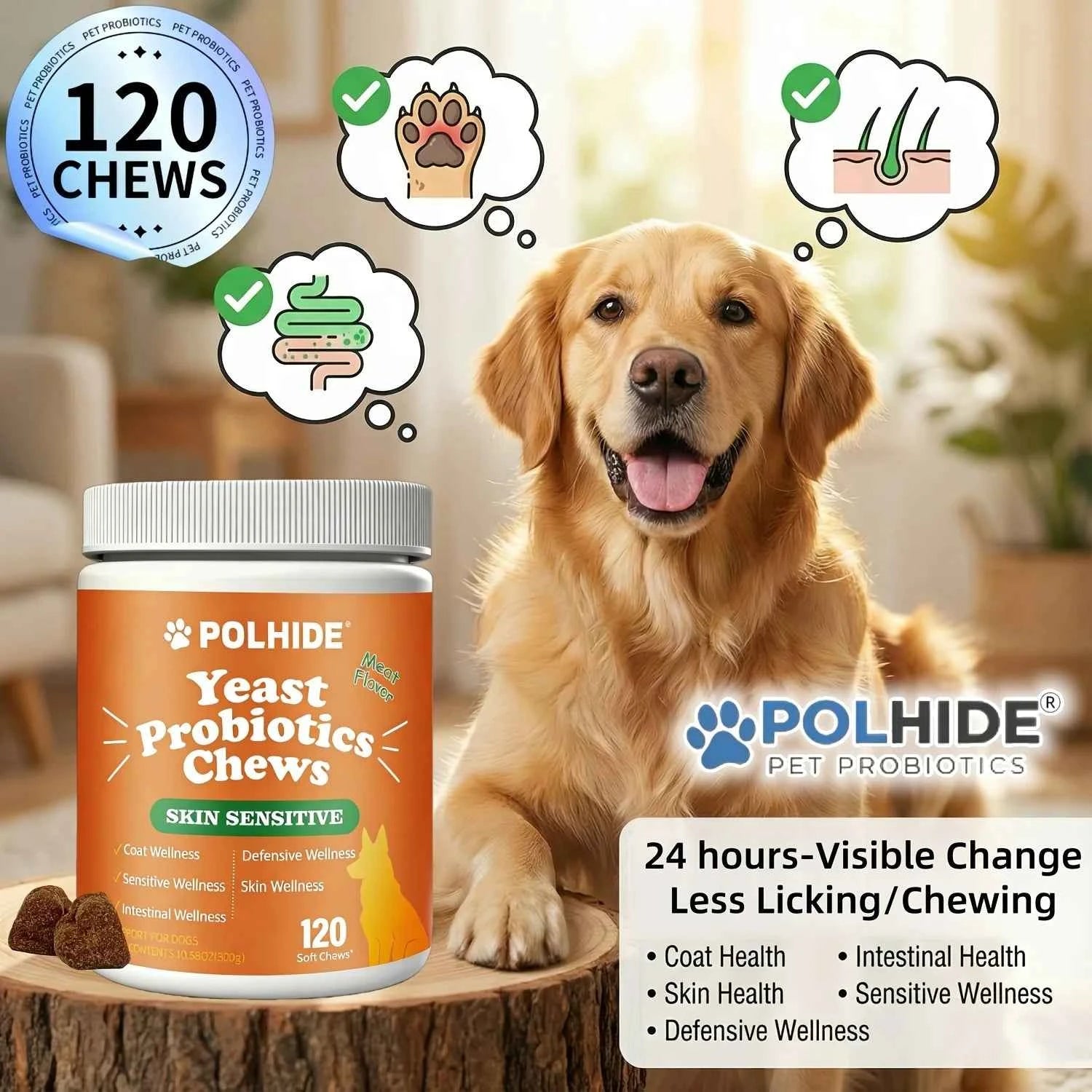 [90 Day Supply]120 Chews Yeast Probiotic For Dogs - Meat Flavor Soft Chews, Coat And Intestinal Health, Sensitive And Defensive Wellness, Pet Probiotic Supplement, All Ages Suitable