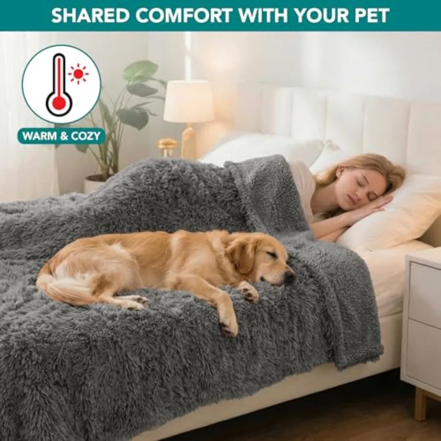 Waterproof Dog Blanket for Large Dog Queen Size Calming Pet Blanket Couch Cover Protector Sherpa Faux Fur Cat Throw for Sofa Fu