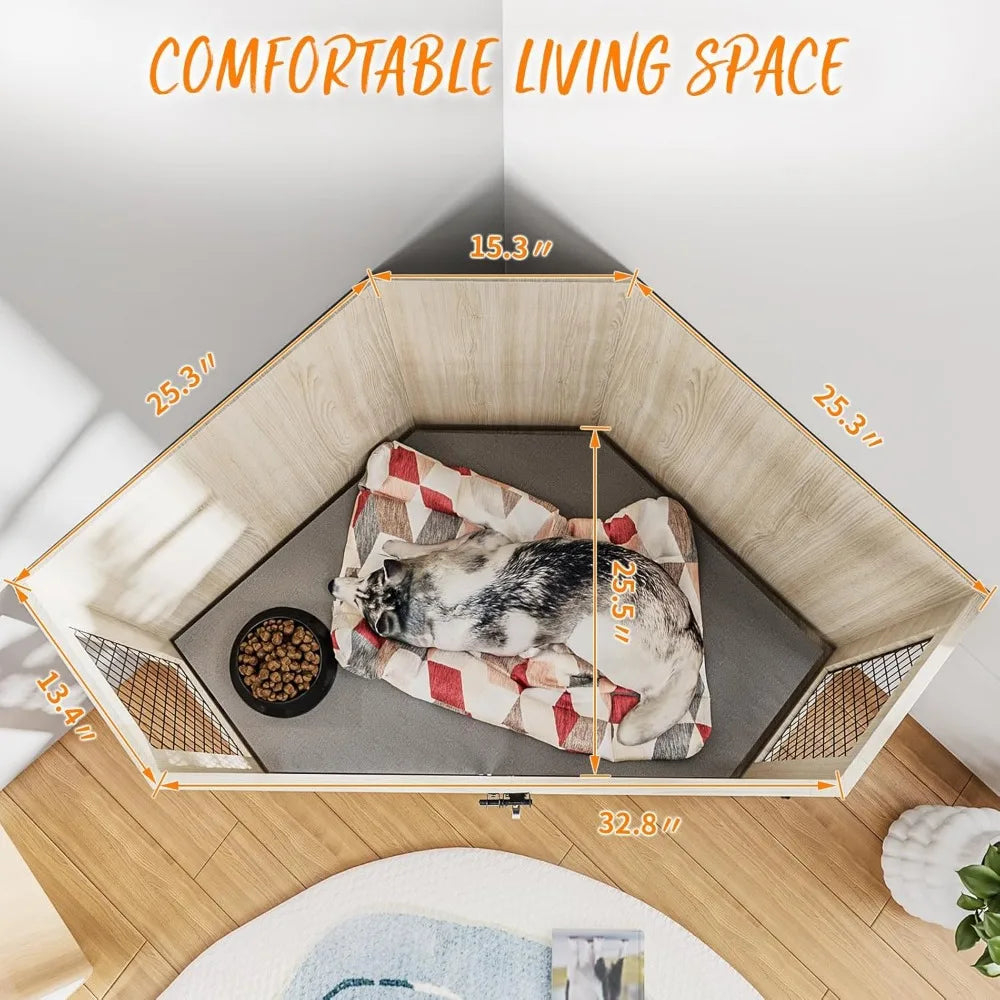 52" Corner Dog Crate Furniture – Wooden Kennel with Mesh Door & Corner Table Top