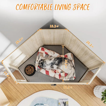 52" Corner Dog Crate Furniture – Wooden Kennel with Mesh Door & Corner Table Top