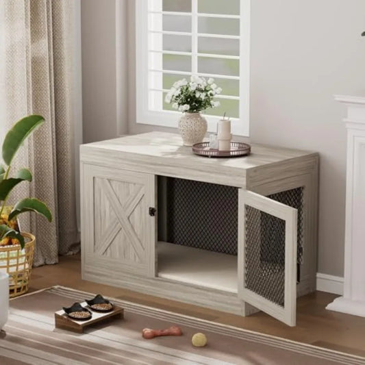 Corner Dog Crate Furniture with Double Doors 36 Inch Wooden Dog Kennel End Table Indoor with Mesh Cage/House for Small Medium L