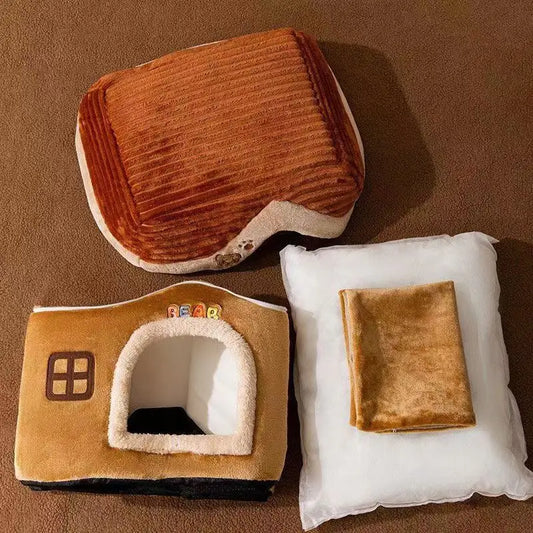 Cute Wooden Pet Castle House – Foldable Soft Bed with Detachable Washable Cushion for Small Dogs & Cats - Bdba PK