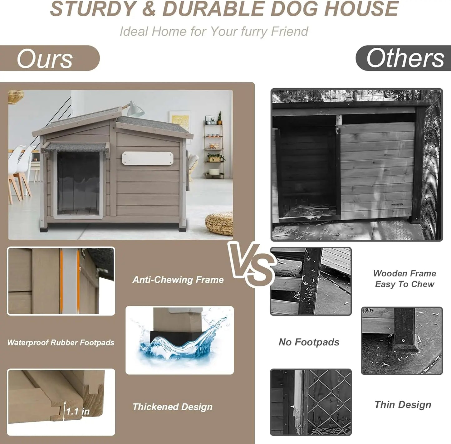PetsCosset Outdoor Dog House – Anti-Chew Iron Frame Wooden Kennel with Waterproof Roof
