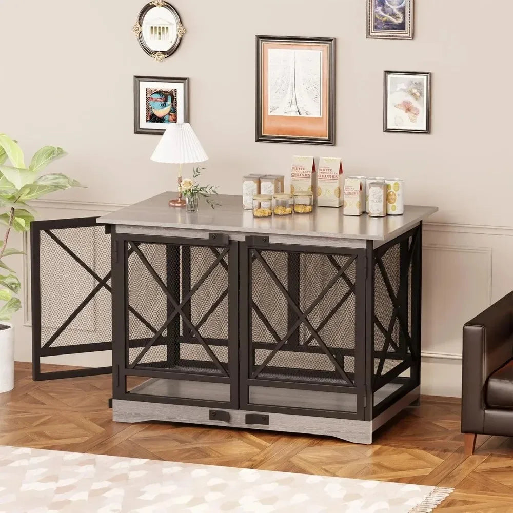 Large Dog Crate Furniture - 48 inch Heavy Duty Dog Kennel Indoor for XLarge Breed with Double Doors, Wooden Dog Cage XL Modern