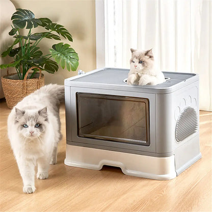 Enclosed Foldable Cat Litter Box – Dual Entry with Massager & Litter Scoop