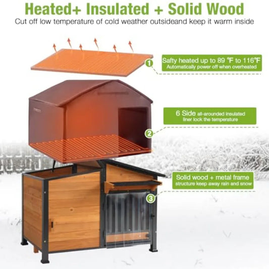 39.7L Heated Outdoor Dog House – Insulated Winter Kennel with Thermostat Heating Pad & Chew-Proof Metal Frame - Bdba PK