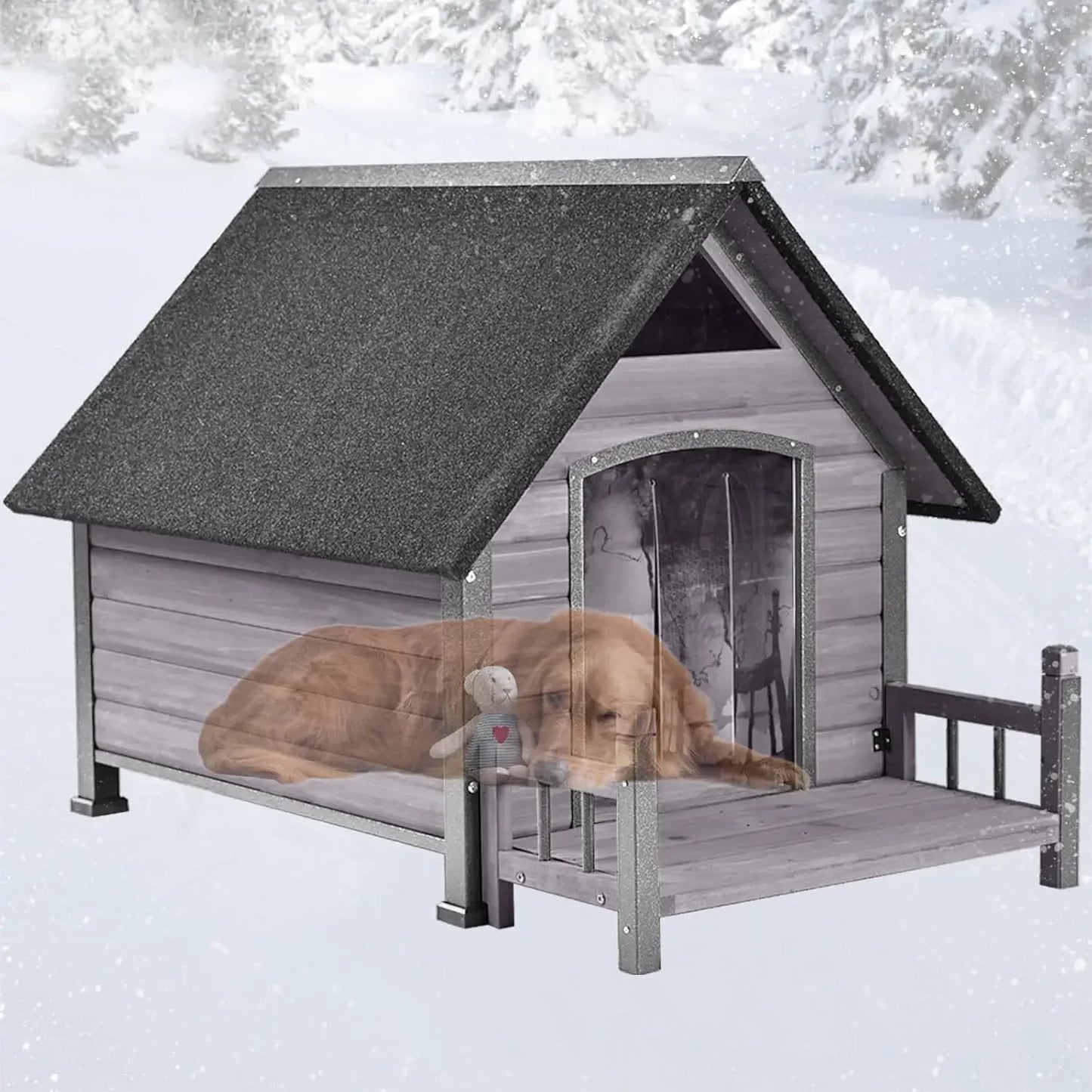 Weatherproof Outdoor Dog House for Large Breeds – Wood & Anti-Chew Iron Frame