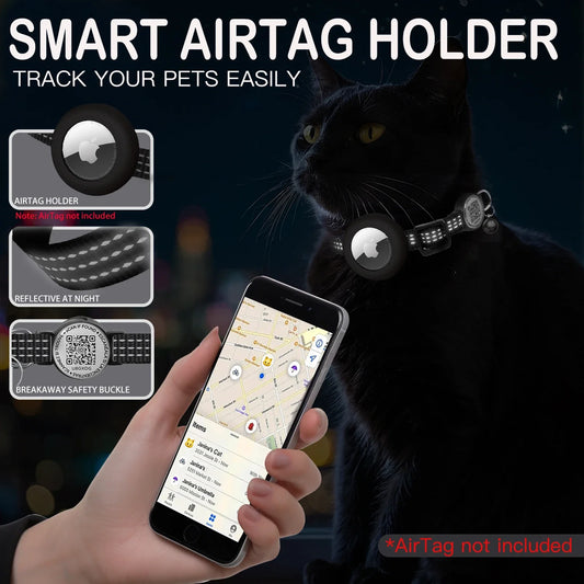 Reflective AirTag Cat Collar – Breakaway Safety Collar with QR Tag & Air Tag Holder - Bdba PK