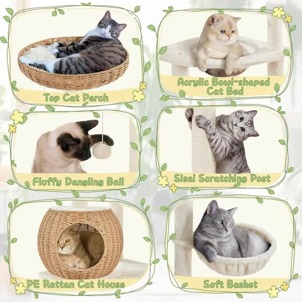 54in Rattan Cat Tree, Modern Tower with Breathable Woven Condo, Scratching Posts amp Washable Cushions, Naturally Cool in Summe