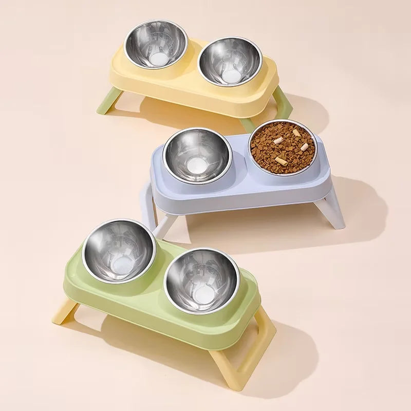 Stainless Steel Foldable Pet Bowl Double Dish - Elevated Feeder with Neck Support Anti-Tip Design for Cats Dogs