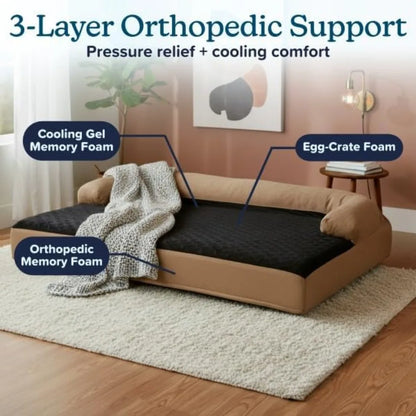Jumbo Dog Bed 51x35.5 Pet Bed 3-Layer Orthopedic Dog Sofa with Cooling Gel Memory Foam Neck Bolster