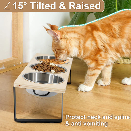 Elevated Cat Bowls Feeder 15° Tilted Raised Feeding & Watering Supplies Pet 3 Stainless Steel Bowls with Stand for Cats Puppies - Bdba PK