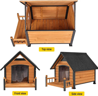 Weatherproof Outdoor Dog House for Large Breeds – Wood & Anti-Chew Iron Frame