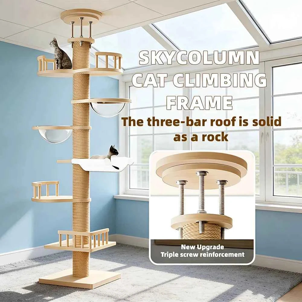 1PC Floor-to-Ceiling Sisal Cat Tree, Multi-Level Design with Hammock, Space Capsule & Observation Perch, Indoor Cat Toy
