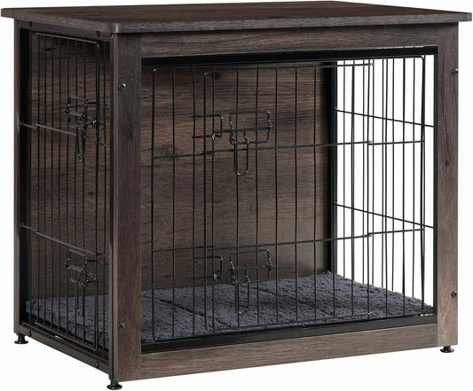 Dog Crate Furniture with Cushion, Wooden Kennel Table, Double Doors, Indoor Dog House, Small to XL, 27.2' L, Dark Gray