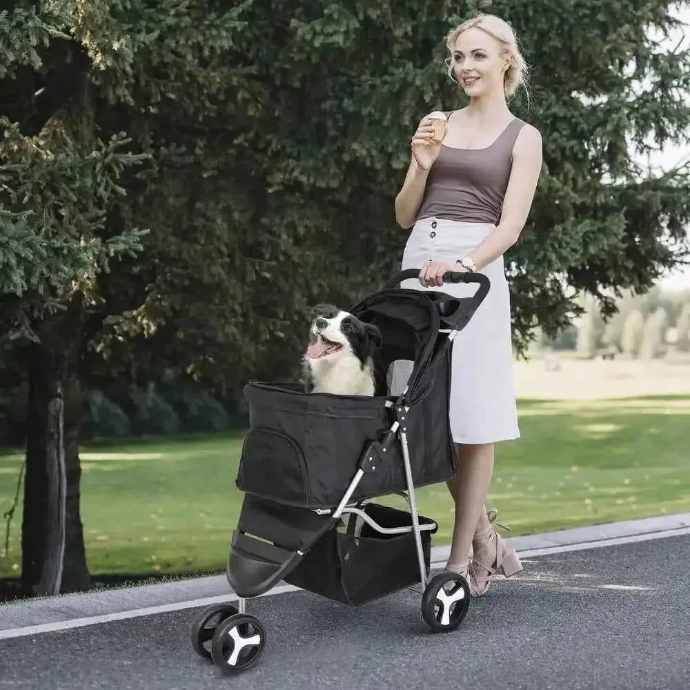 Dog Stroller 3 Wheels Pet Stroller Foldable Dog Cat Carrier Strolling w/Cup Hold