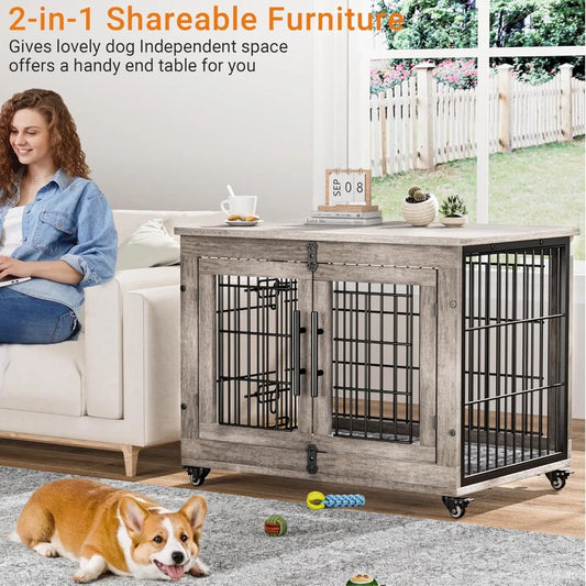 Lulive Dogs Crate Furniture for Medium Dogs, 32'' Dogs Kennel Indoor with Cushion & Wheels Wooden Doges Cage Double Doors Dog,Cu