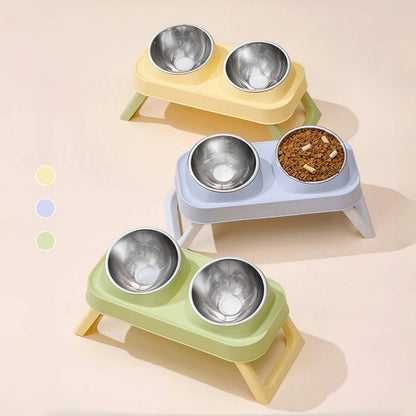 15° Elevated Pet Feeder: Portable Foldable Dual Stainless Steel Bowls with Non-Slip Base - Neck Support for Cats and Dogs