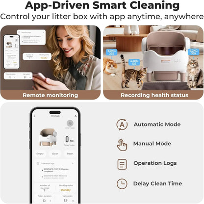 VOFORD Automatic Cat Litter Box Extra Large Self Cleaning Litter Box with APP Control with Free Trimmer for Multi-Cat Compatible