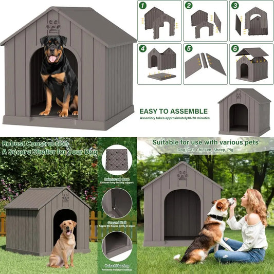 Waterproof Indoor & Outdoor Dog House – Air Vents, Elevated Floor & Easy Assembly Puppy Shelter (Grey) - Bdba PK