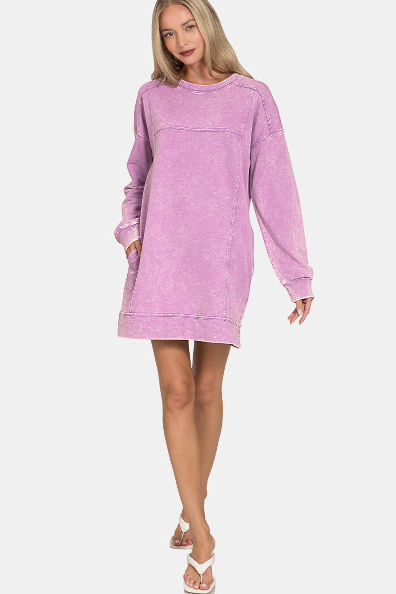 French Terry Acid Washed Dress with Pockets / FUCHSIA