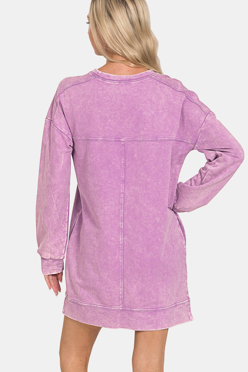 French Terry Acid Washed Dress with Pockets / FUCHSIA