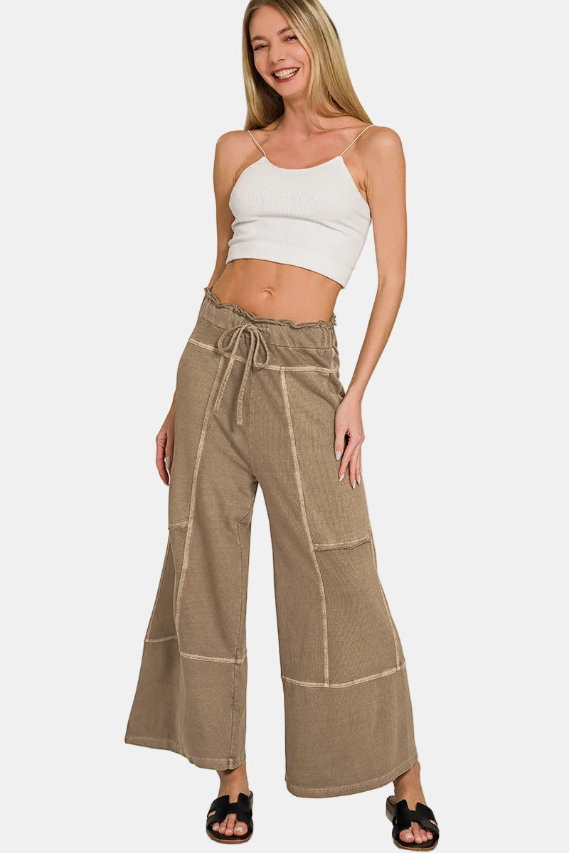 French Terry Washed Exposed-Seam Wide Leg Pants / ASH MOCHA