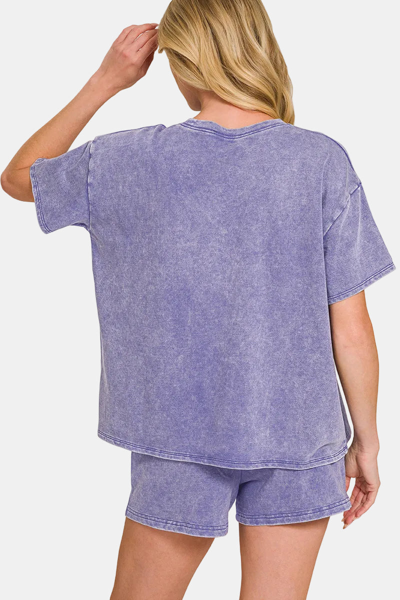 French Terry Acid Washed Relaxed Top & Short Set / SLEET
